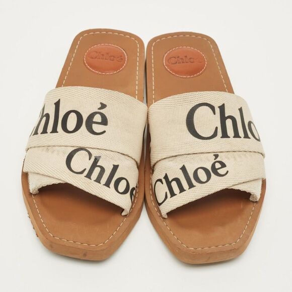 Chloe Woody Size 38 White Canvas Flat Slide - Picture 3 of 7